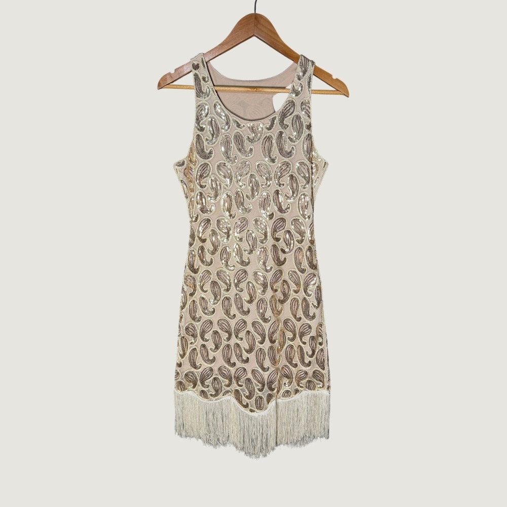 Gold Sequin Paisley Flapper Dress Fringe Hem Gatsby Party Cocktail Sleeveless XS